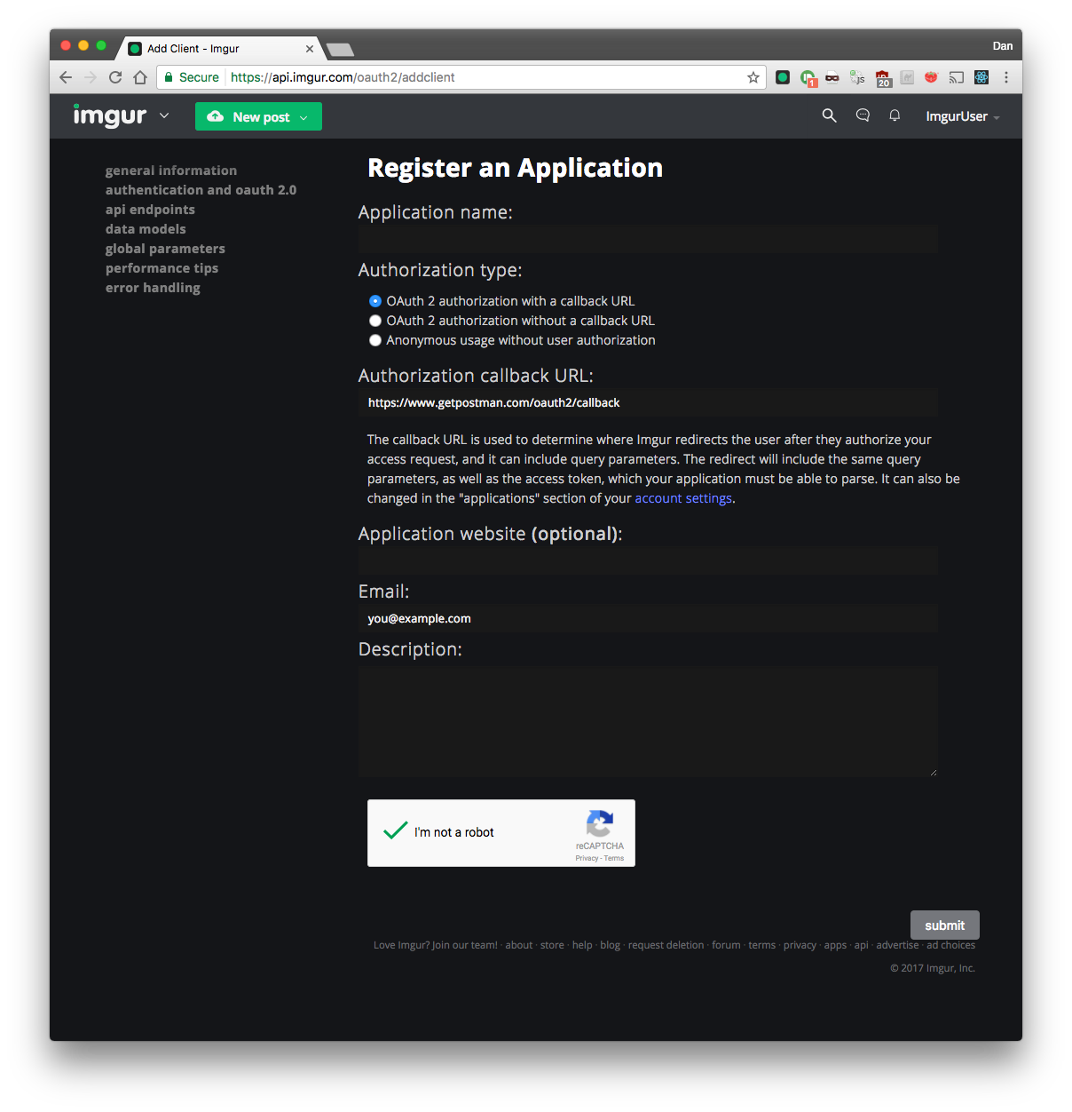 Imgur API Client Registration