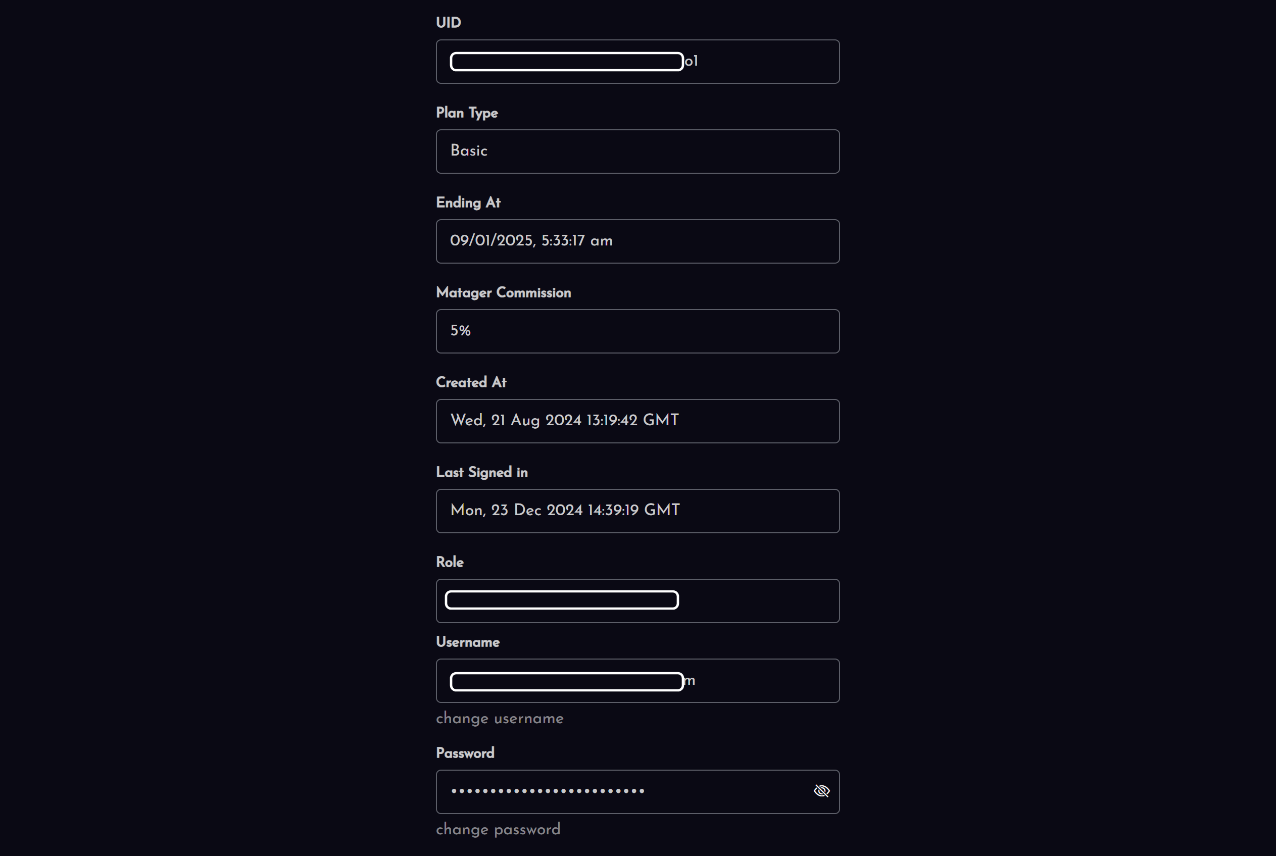 Admin profile overview